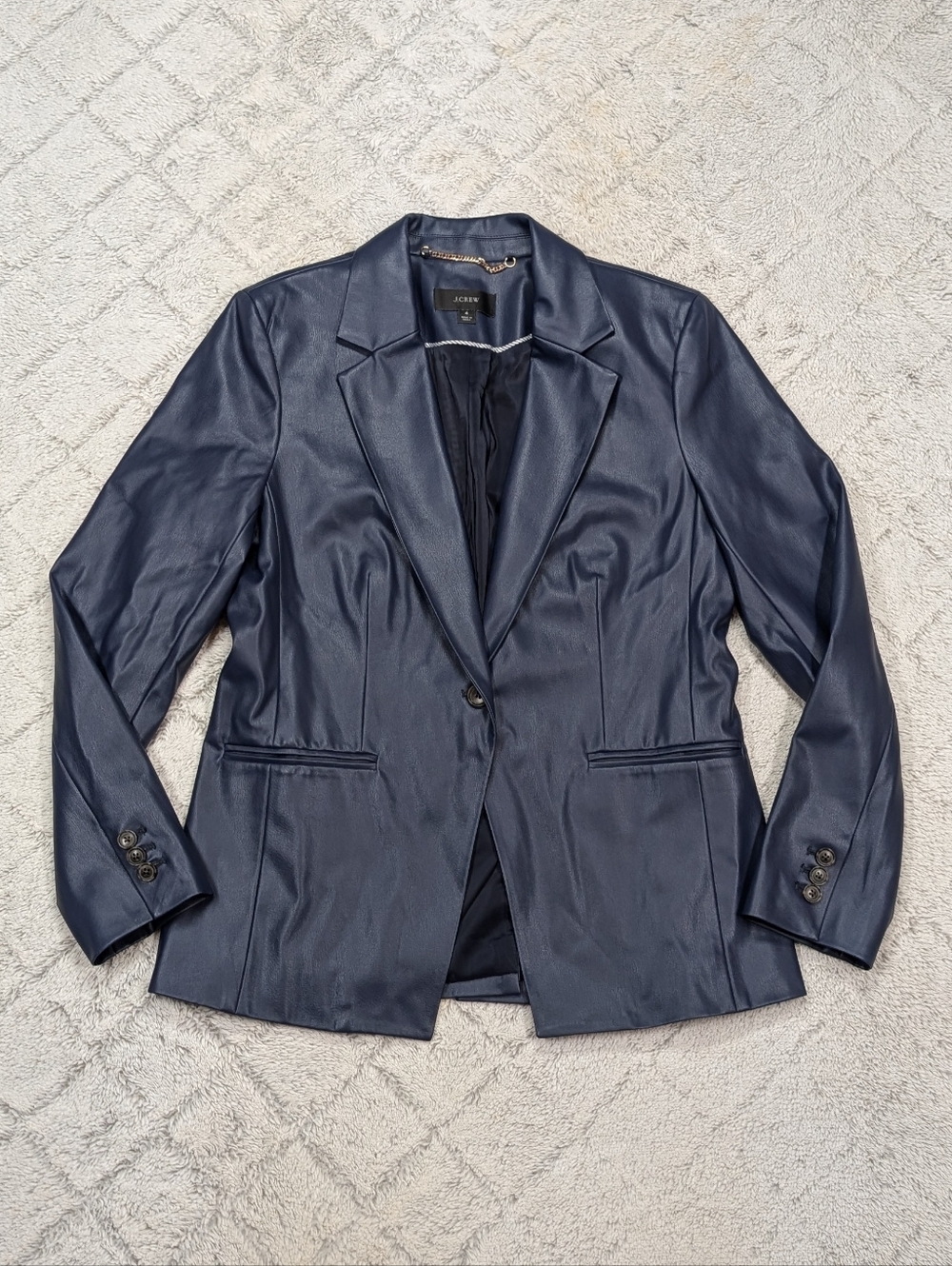 J. Crew Jacket Womens 4 Blue Navy Cutaway Blazer Faux Leather Office Chic